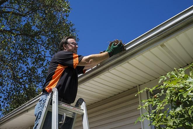 a repair technician inspecting a damaged gutter for necessary repairs in Castle Rock